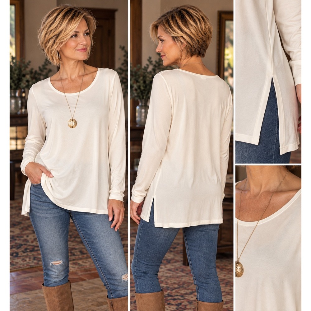 Eileen Fisher 100% Silk Tunic S/P Ivory Long Sleeve Quiet Luxury Minimalist